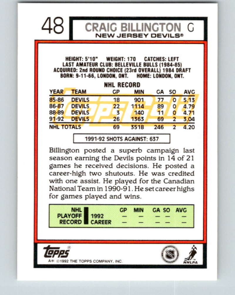 1992-93 Topps Gold #48G Craig Billington Mint New Jersey Devils