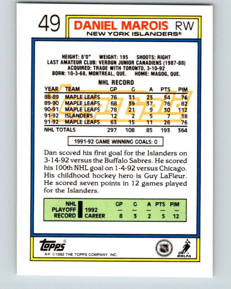 1992-93 Topps Gold #49G Daniel Marois Mint New York Islanders