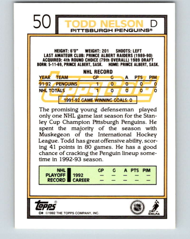 1992-93 Topps Gold #50G Todd Nelson Mint Pittsburgh Penguins