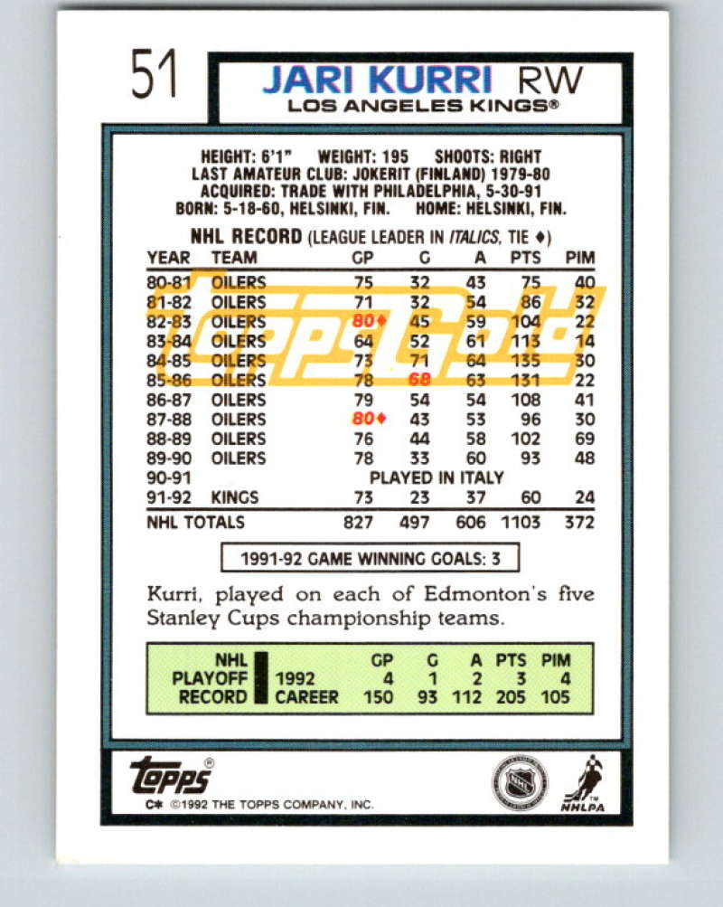 1992-93 Topps Gold #51G Jari Kurri Mint Los Angeles Kings