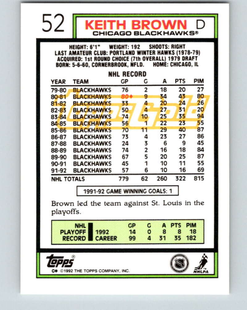 1992-93 Topps Gold #52G Keith Brown Mint Chicago Blackhawks