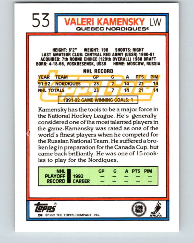 1992-93 Topps Gold #53G Valeri Kamensky Mint Quebec Nordiques