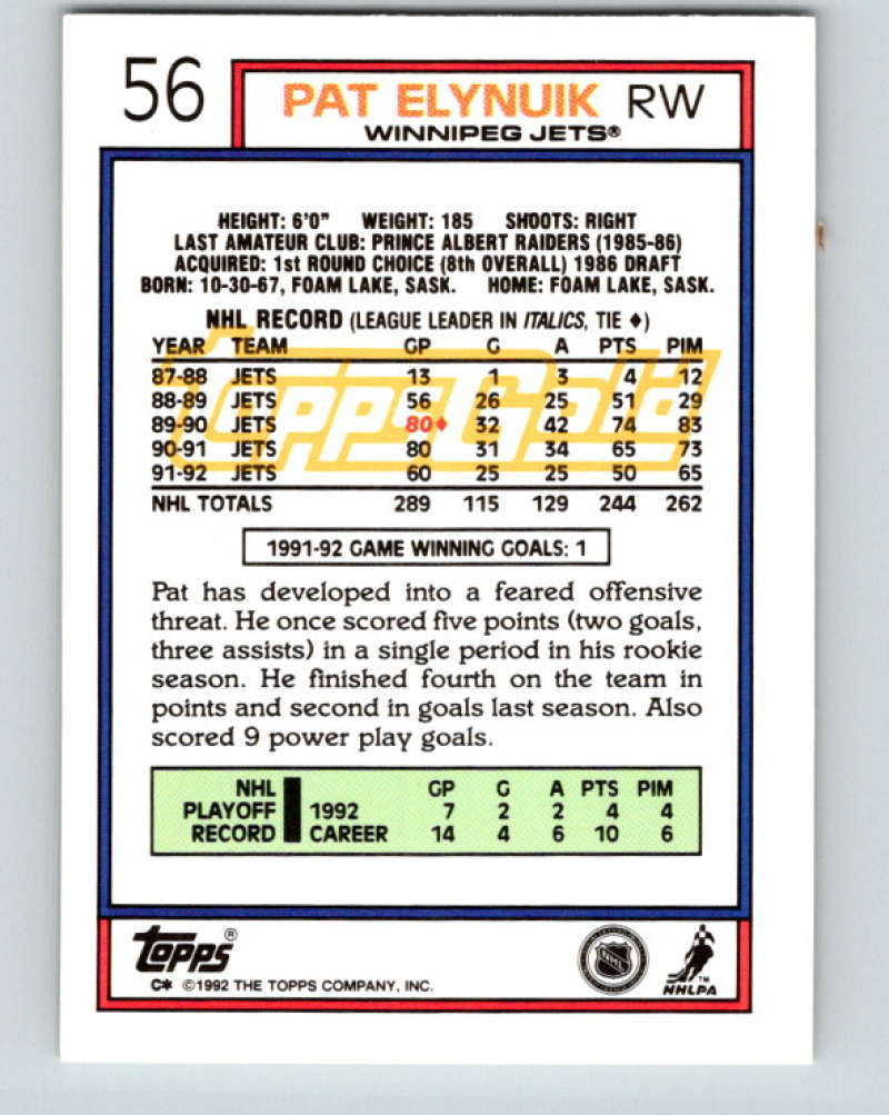 1992-93 Topps Gold #56G Pat Elynuik Mint Winnipeg Jets