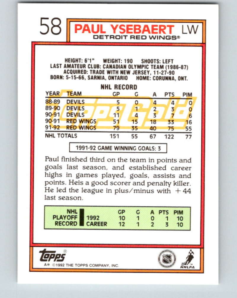 1992-93 Topps Gold #58G Paul Ysebaert Mint Detroit Red Wings