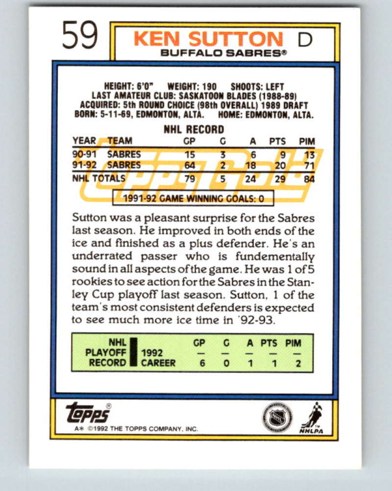 1992-93 Topps Gold #59G Ken Sutton Mint Buffalo Sabres