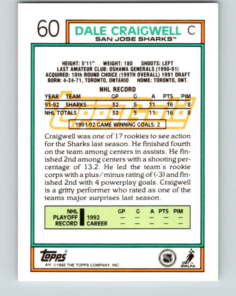 1992-93 Topps Gold #60G Dale Craigwell Mint San Jose Sharks