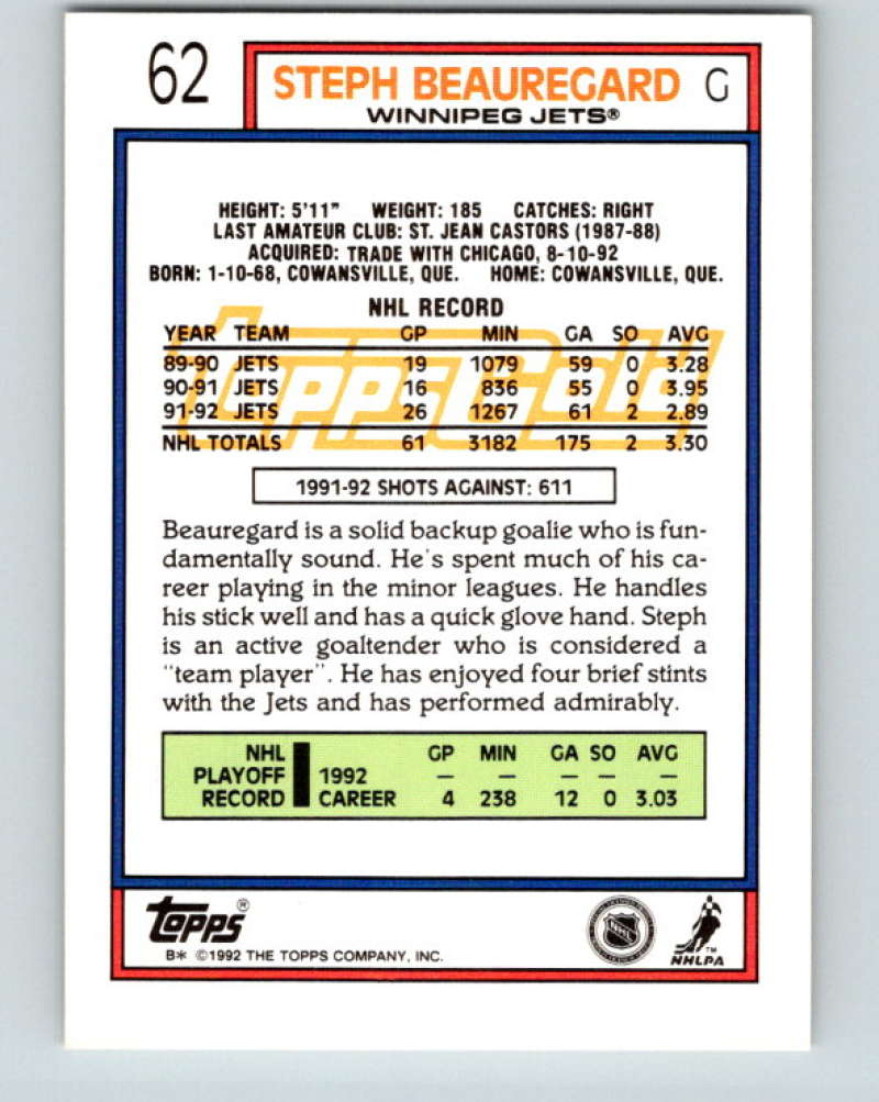 1992-93 Topps Gold #62G Stephane Beauregard Mint Winnipeg Jets