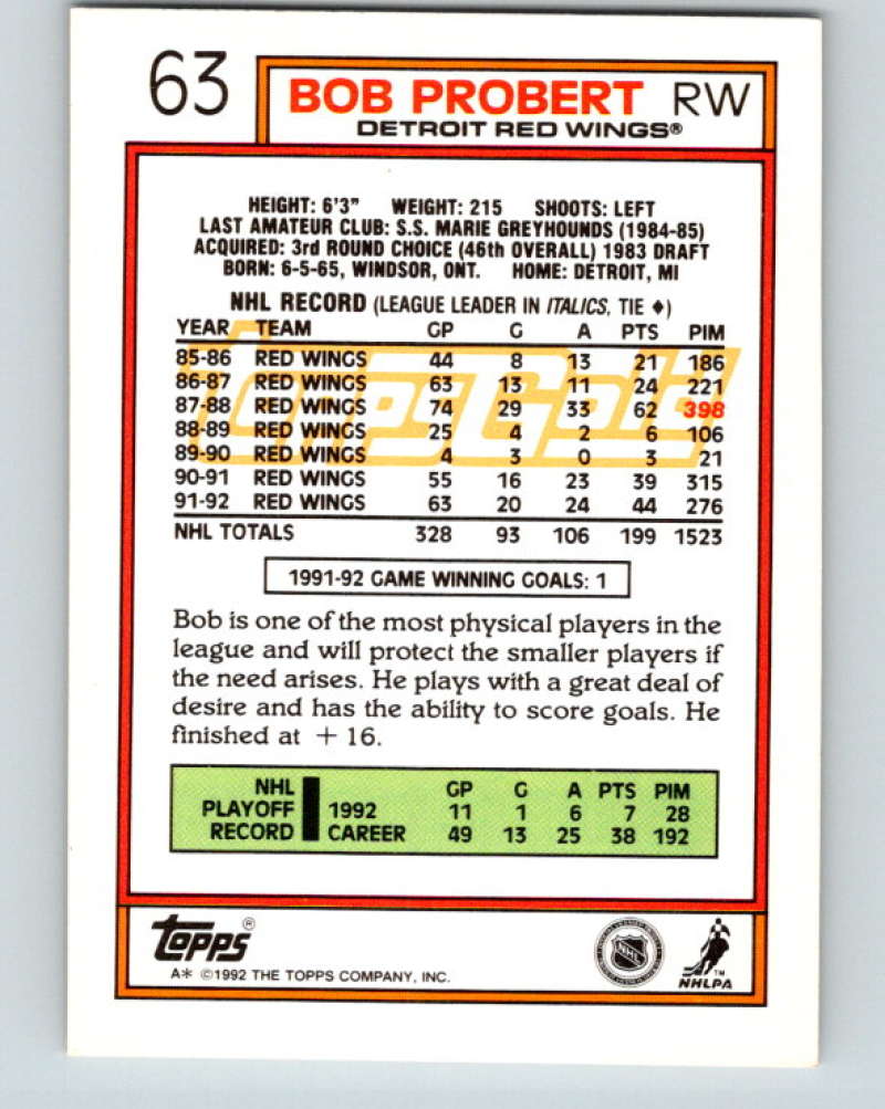 1992-93 Topps Gold #63G Bob Probert Mint Detroit Red Wings
