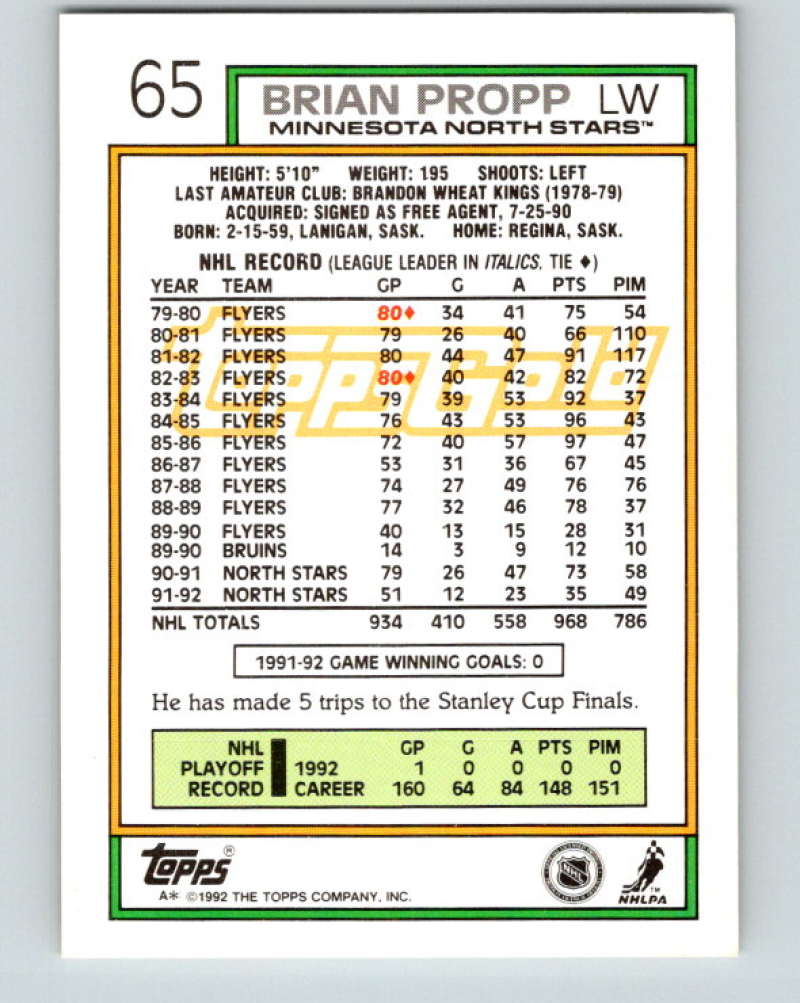 1992-93 Topps Gold #65G Brian Propp Mint Minnesota North Stars Image 2