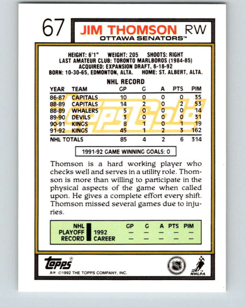 1992-93 Topps Gold #67G Jim Thomson Mint Ottawa Senators