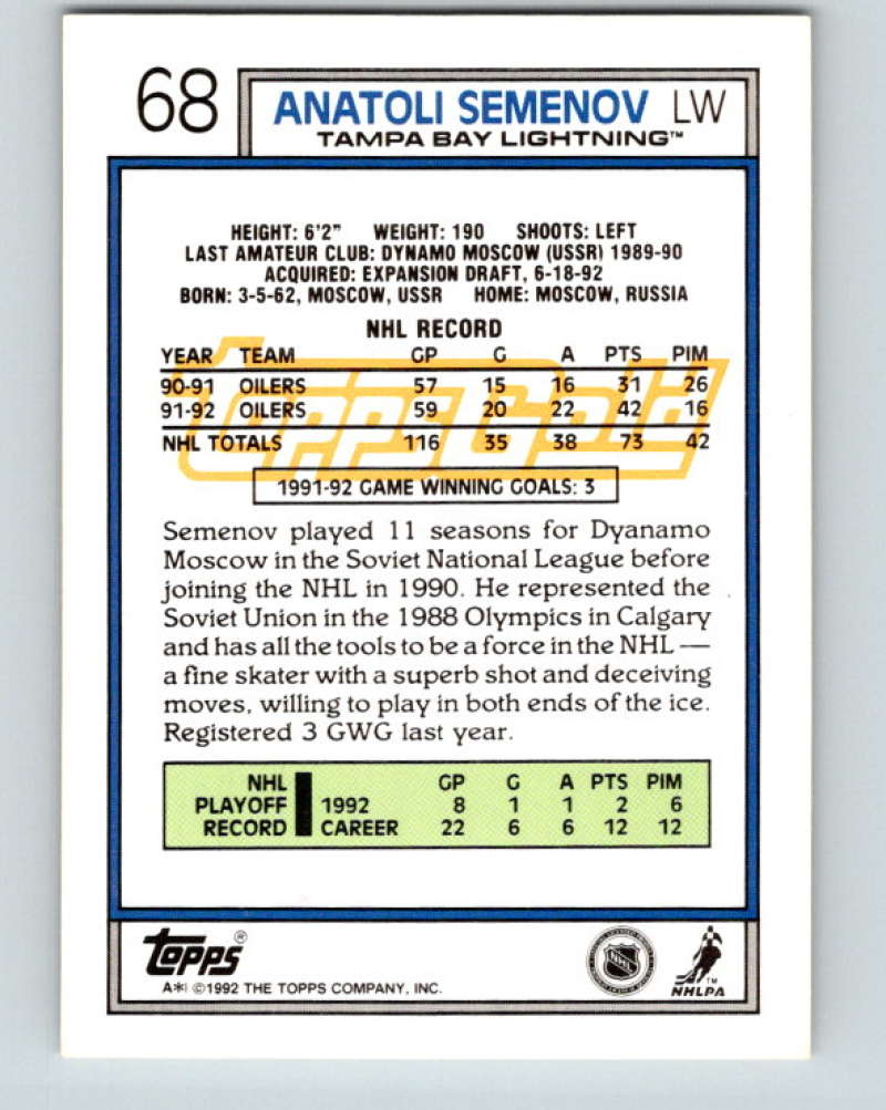 1992-93 Topps Gold #68G Anatoli Semenov Mint Tampa Bay Lightning