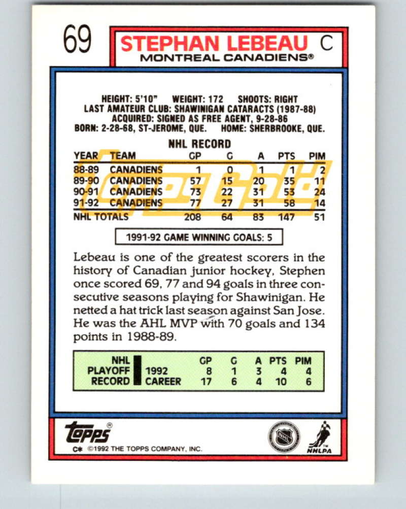 1992-93 Topps Gold #69G Stephan Lebeau Mint Montreal Canadiens