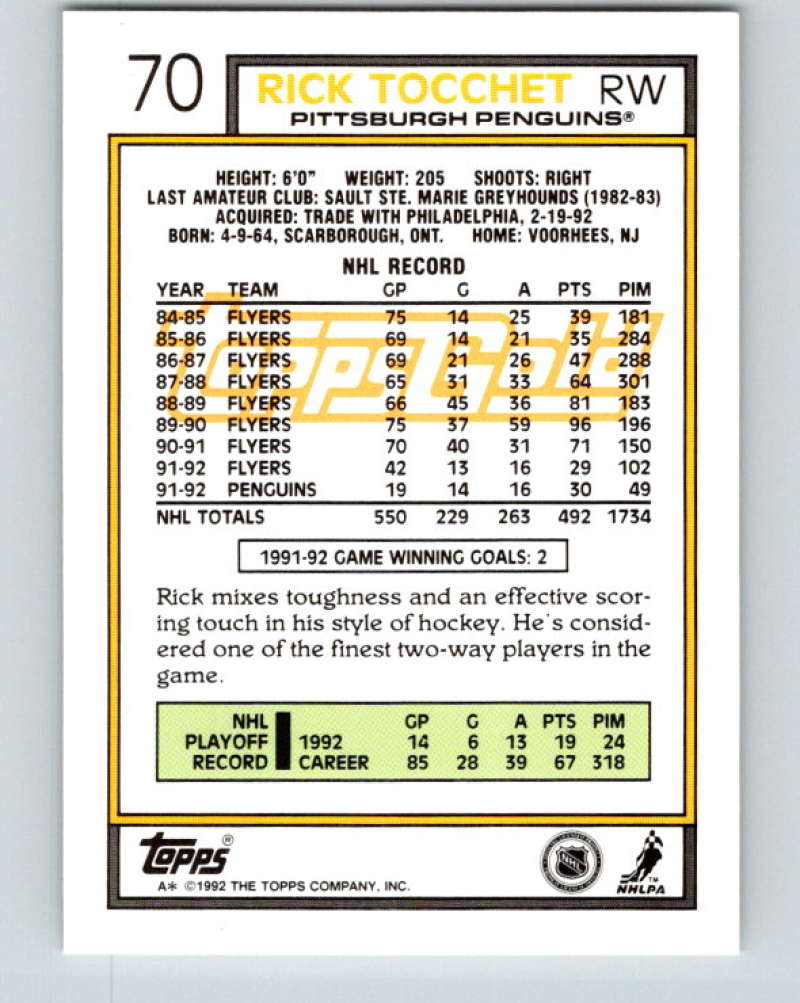 1992-93 Topps Gold #70G Rick Tocchet Mint Pittsburgh Penguins