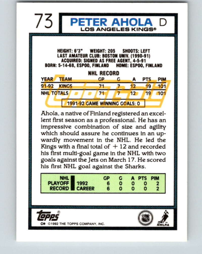 1992-93 Topps Gold #73G Peter Ahola Mint Los Angeles Kings