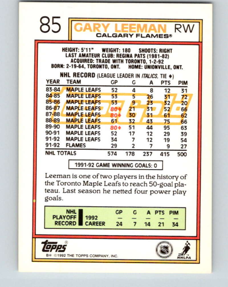 1992-93 Topps Gold #85G Gary Leeman Mint Calgary Flames