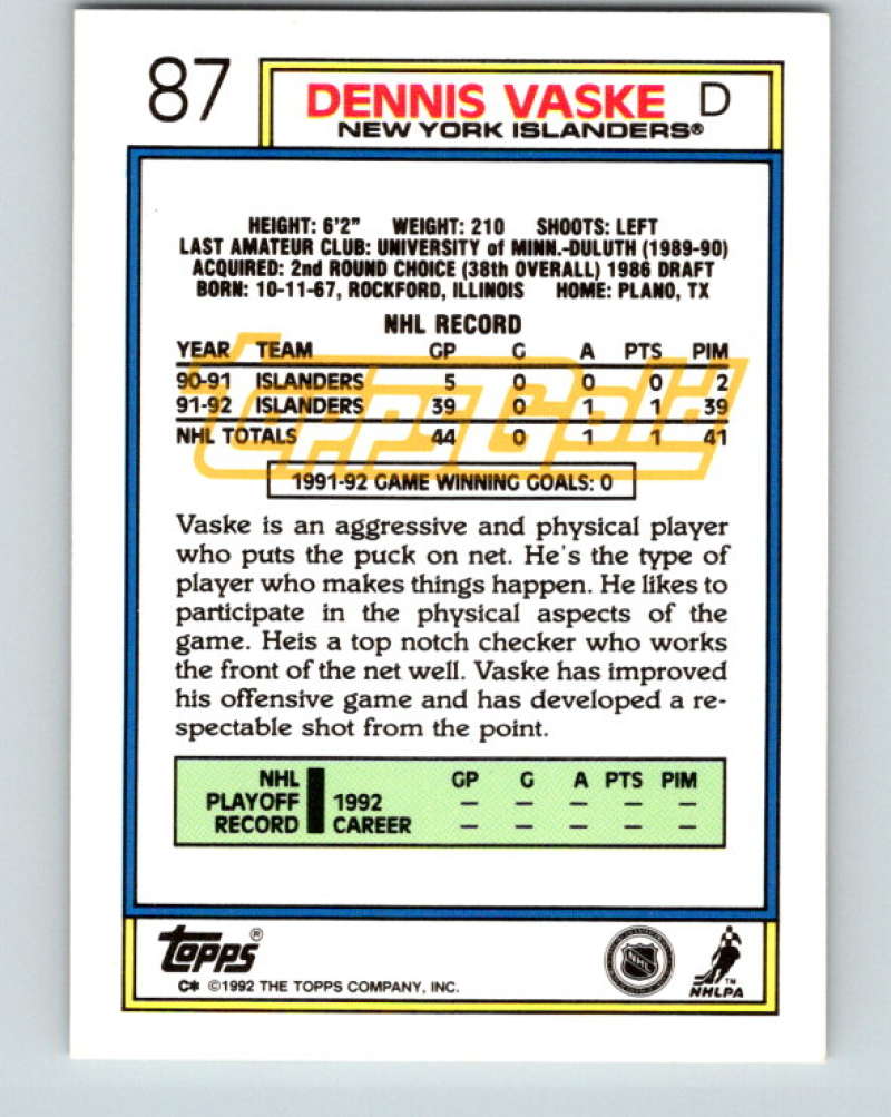 1992-93 Topps Gold #87G Dennis Vaske Mint New York Islanders Image 2