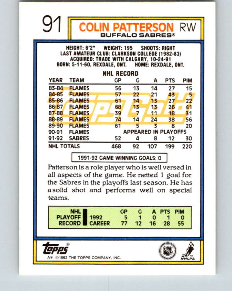 1992-93 Topps Gold #91G Colin Patterson Mint Buffalo Sabres