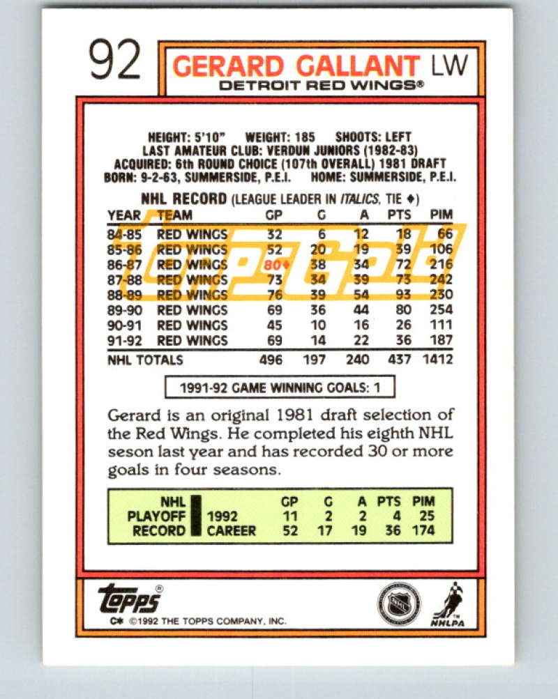 1992-93 Topps Gold #92G Gerard Gallant Mint Detroit Red Wings