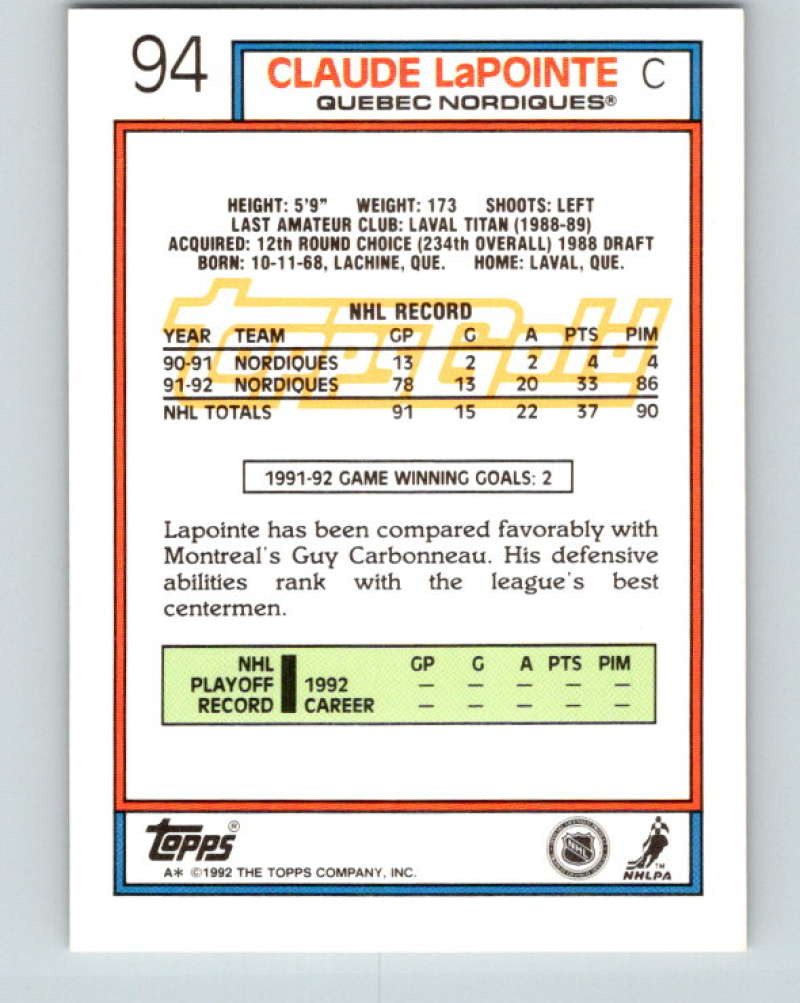 1992-93 Topps Gold #94G Claude Lapointe Mint Quebec Nordiques