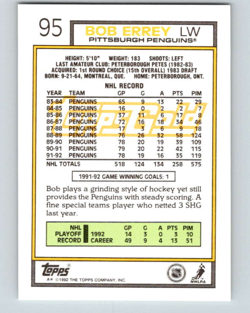 1992-93 Topps Gold #95G Bob Errey Mint Pittsburgh Penguins