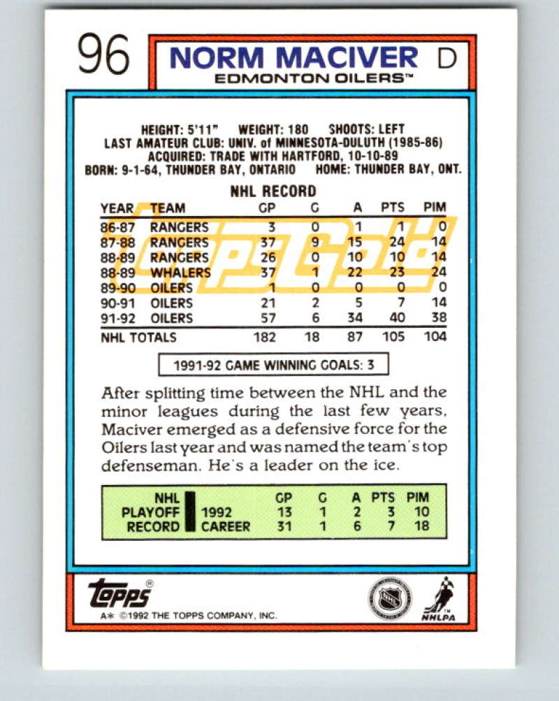 1992-93 Topps Gold #96G Norm Maciver Mint Edmonton Oilers