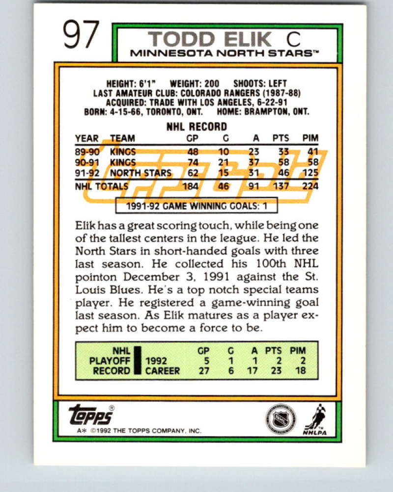 1992-93 Topps Gold #97G Todd Elik Mint Minnesota North Stars Image 2
