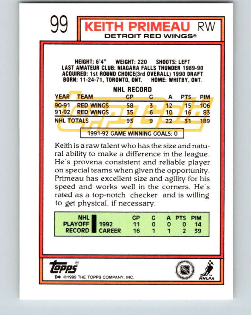 1992-93 Topps Gold #99G Keith Primeau Mint Detroit Red Wings