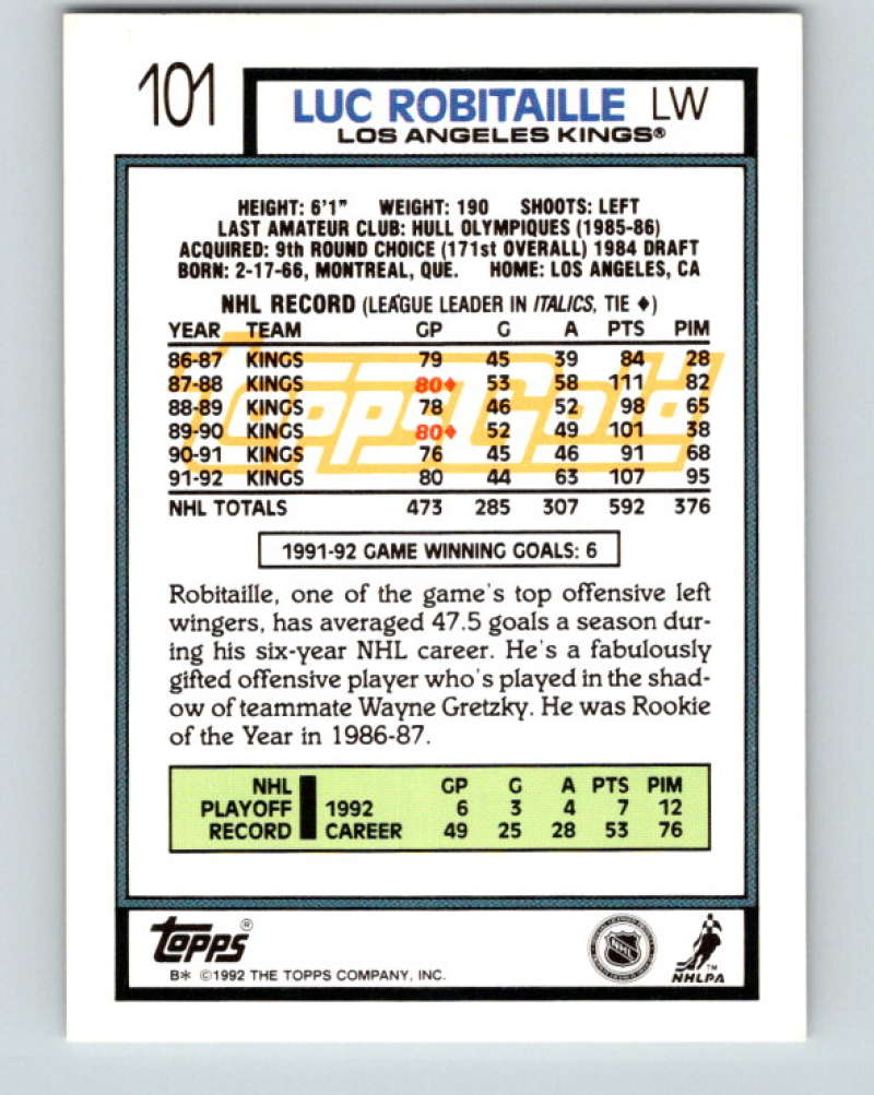 1992-93 Topps Gold #101G Luc Robitaille Mint Los Angeles Kings