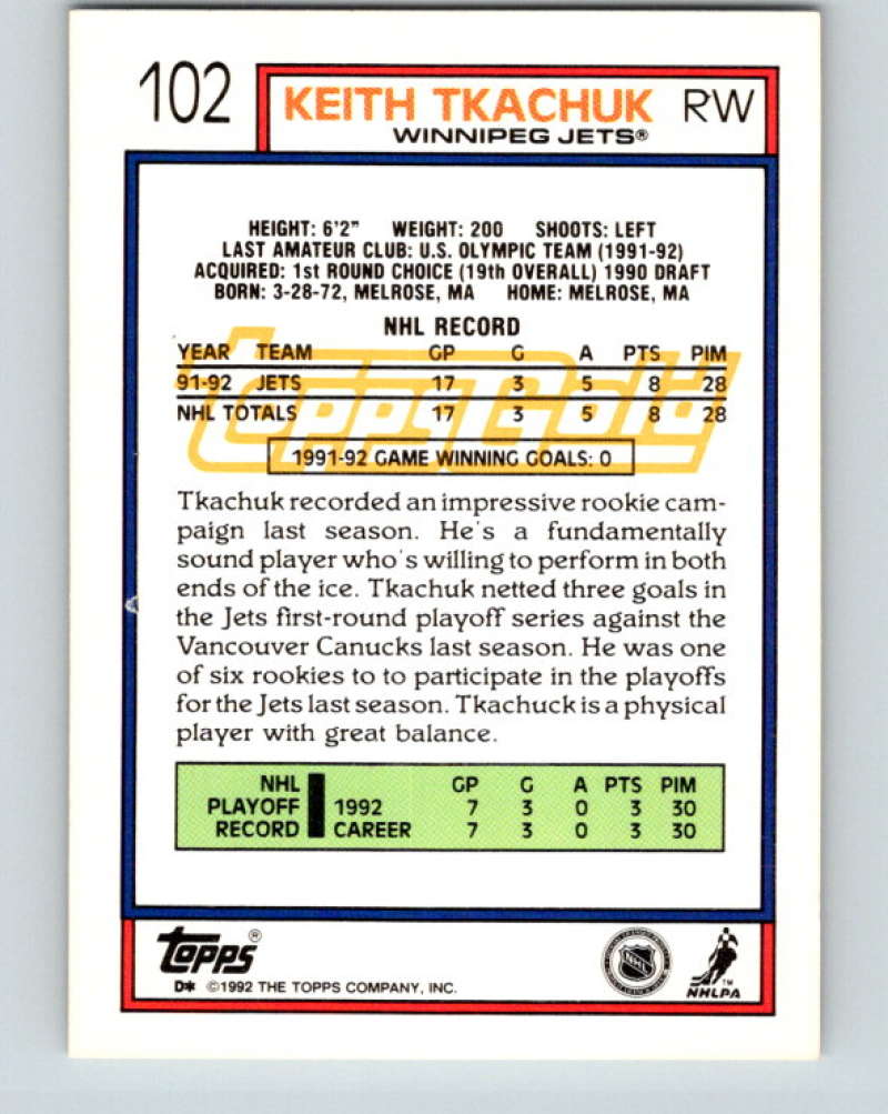 1992-93 Topps Gold #102G Keith Tkachuk Mint Winnipeg Jets