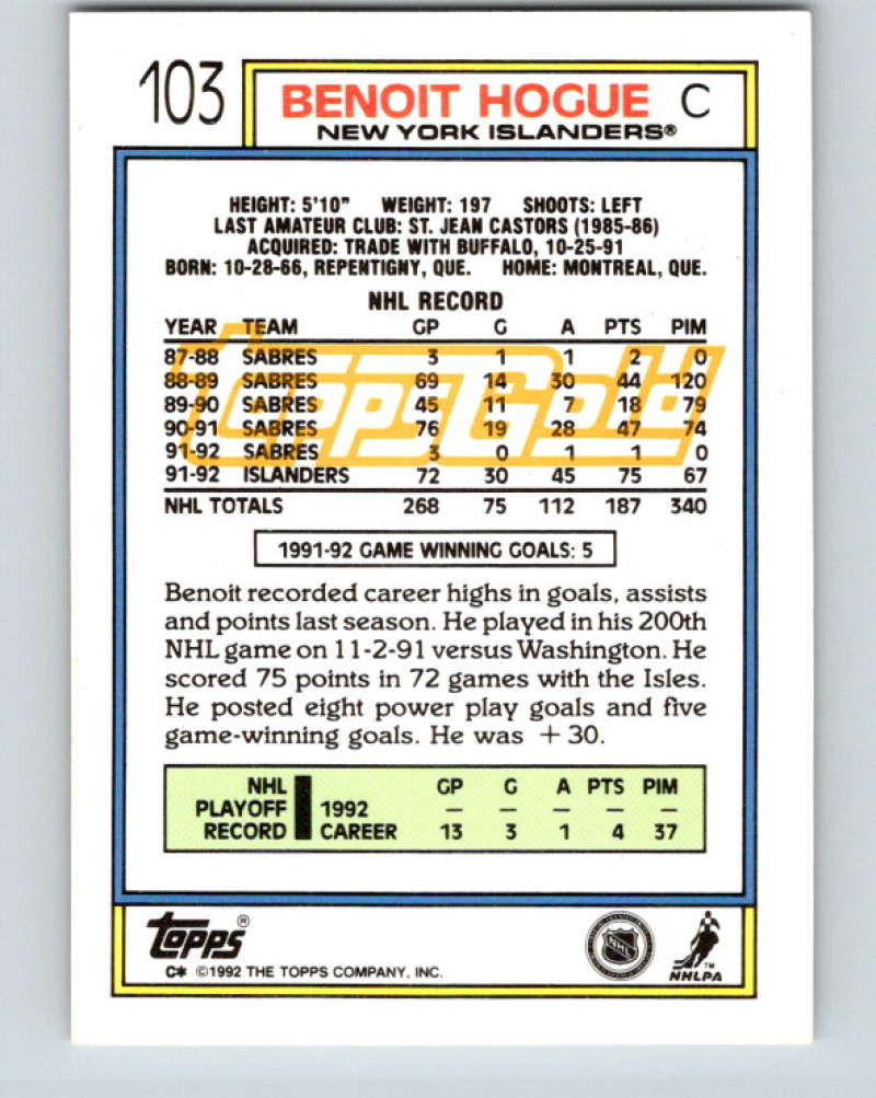 1992-93 Topps Gold #103G Benoit Hogue Mint New York Islanders