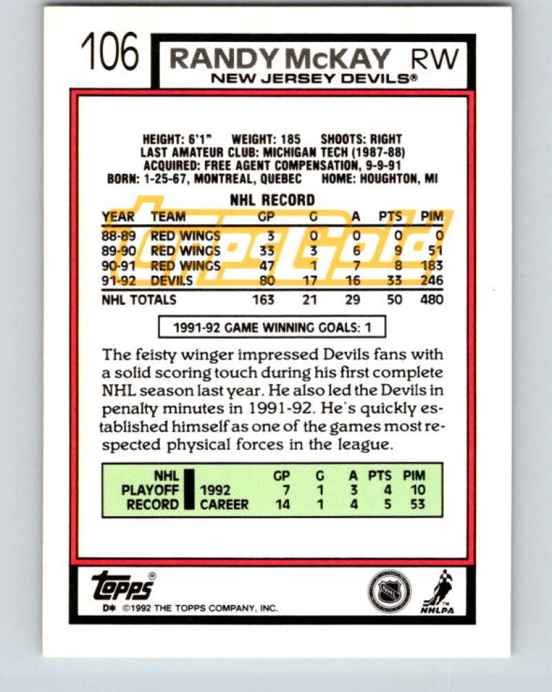 1992-93 Topps Gold #106G Randy McKay Mint New Jersey Devils