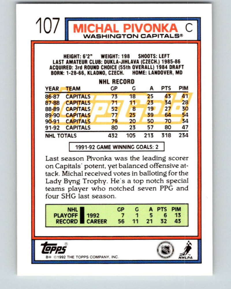 1992-93 Topps Gold #107G Michal Pivonka Mint Washington Capitals Image 2