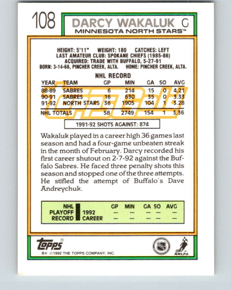 1992-93 Topps Gold #108G Darcy Wakaluk Mint Minnesota North Stars
