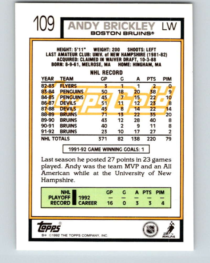1992-93 Topps Gold #109G Andy Brickley Mint Boston Bruins Image 2