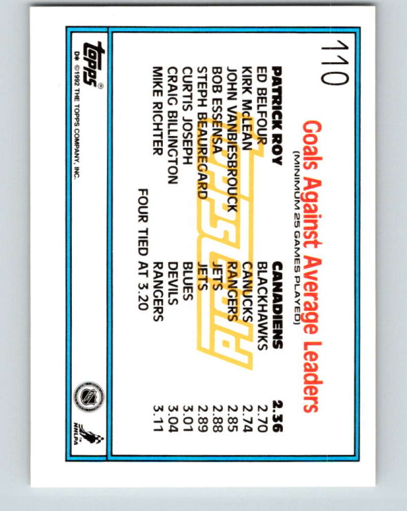 1992-93 Topps Gold #110G Patrick Roy LL Mint Montreal Canadiens