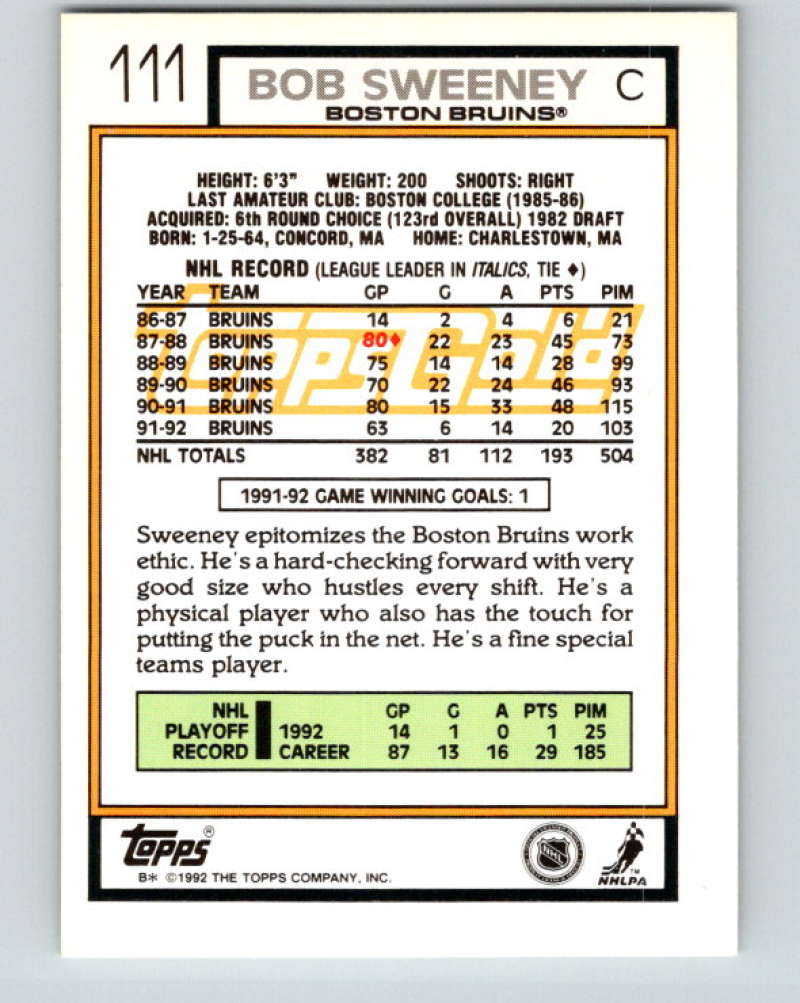 1992-93 Topps Gold #111G Bob Sweeney Mint Boston Bruins