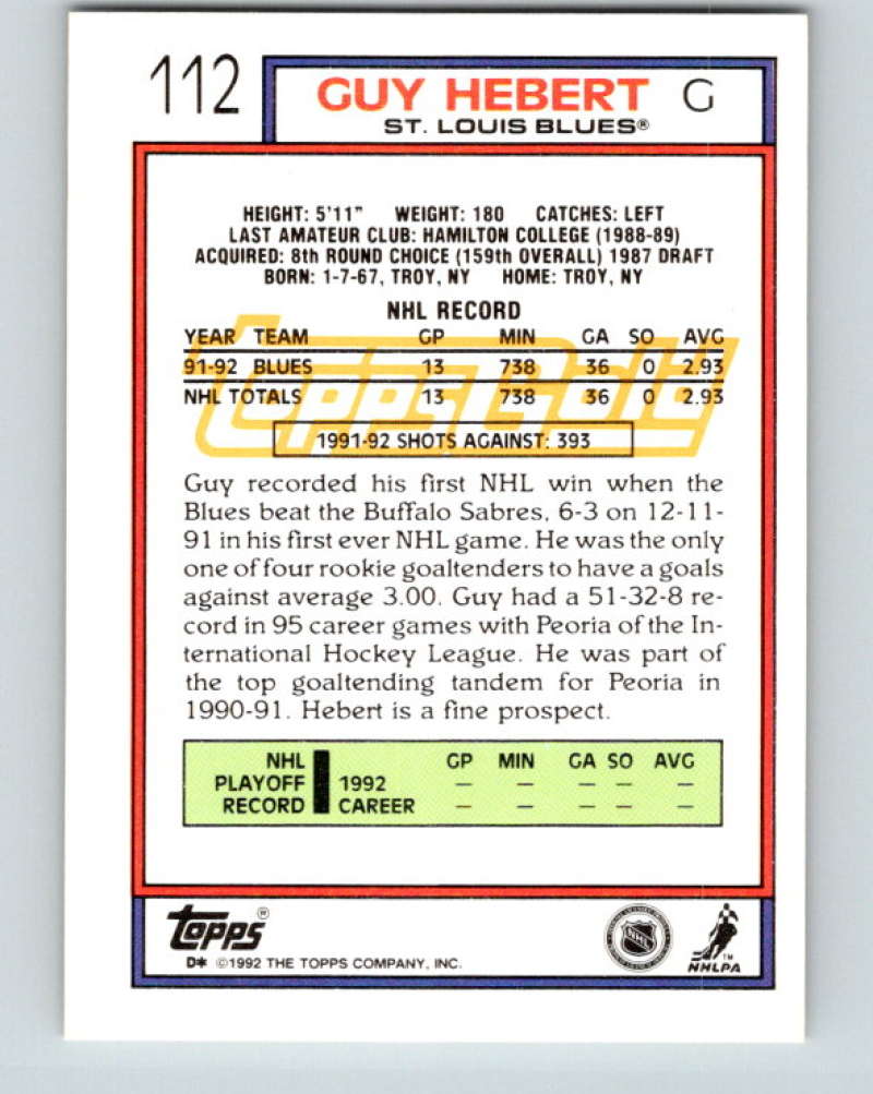 1992-93 Topps Gold #112G Guy Hebert Mint St. Louis Blues