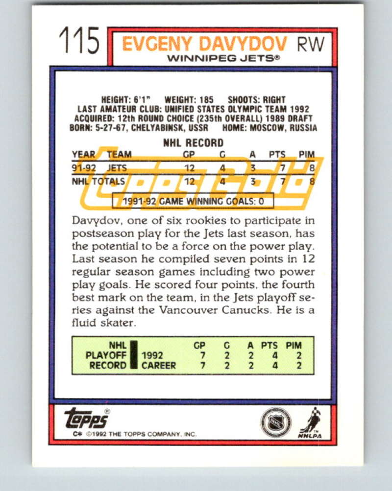 1992-93 Topps Gold #115G Evgeny Davydov Mint Winnipeg Jets Image 2