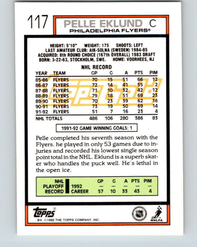 1992-93 Topps Gold #117G Pelle Eklund Mint Philadelphia Flyers