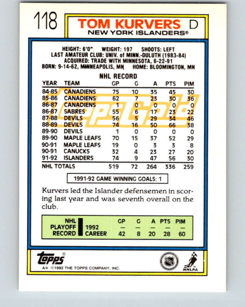 1992-93 Topps Gold #118G Tom Kurvers Mint New York Islanders