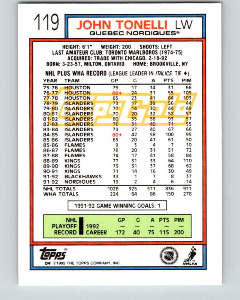 1992-93 Topps Gold #119G John Tonelli Mint Quebec Nordiques