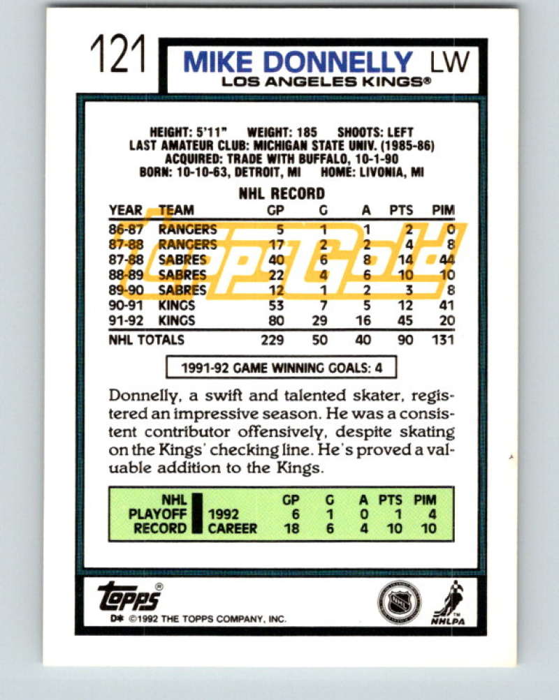 1992-93 Topps Gold #121G Mike Donnelly Mint Los Angeles Kings Image 2