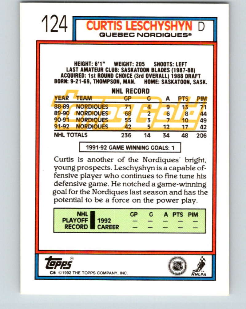 1992-93 Topps Gold #124G Curtis Leschyshyn Mint Quebec Nordiques Image 2