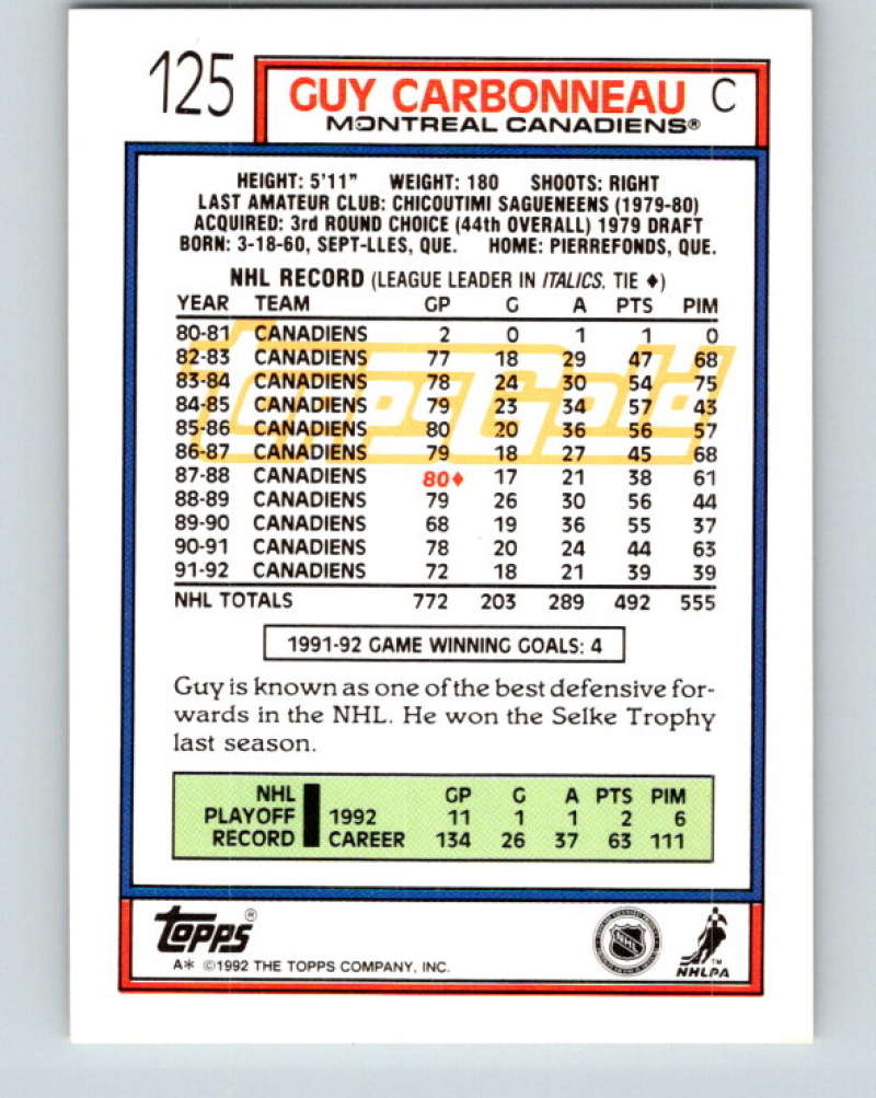 1992-93 Topps Gold #125G Guy Carbonneau Mint Montreal Canadiens