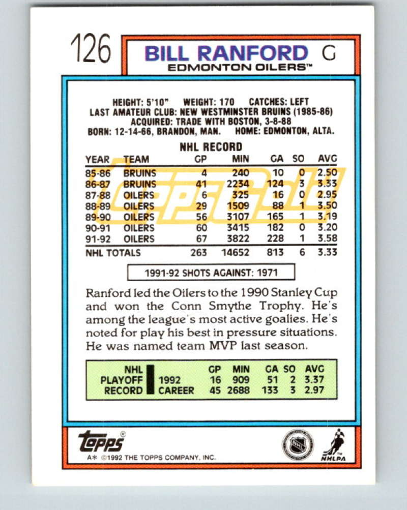 1992-93 Topps Gold #126G Bill Ranford Mint Edmonton Oilers