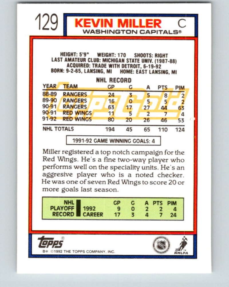 1992-93 Topps Gold #129G Kevin Miller Mint Detroit Red Wings Image 2