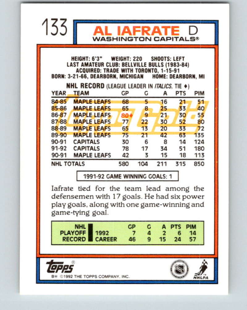 1992-93 Topps Gold #133G Al Iafrate Mint Washington Capitals Image 2