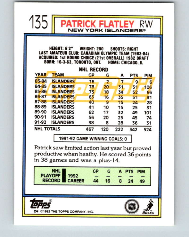 1992-93 Topps Gold #135G Patrick Flatley Mint New York Islanders Image 2