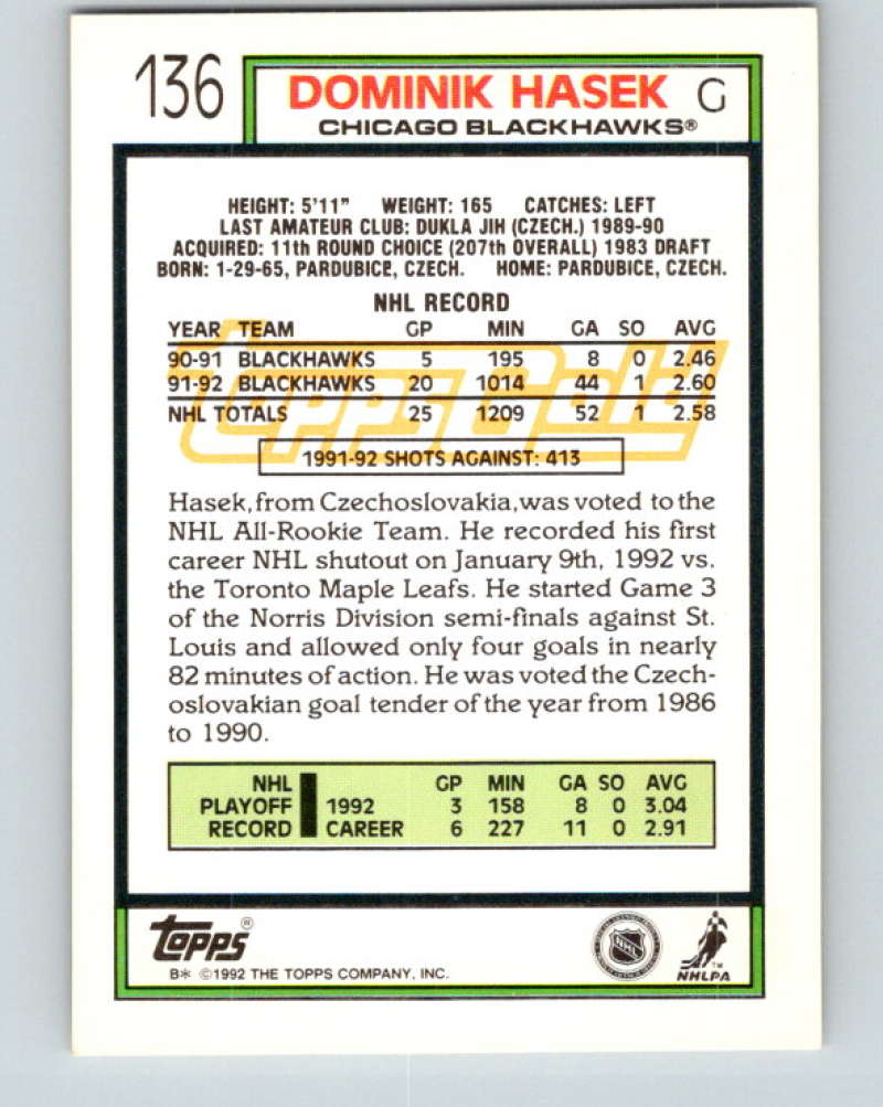 1992-93 Topps Gold #136G Dominik Hasek Mint Chicago Blackhawks