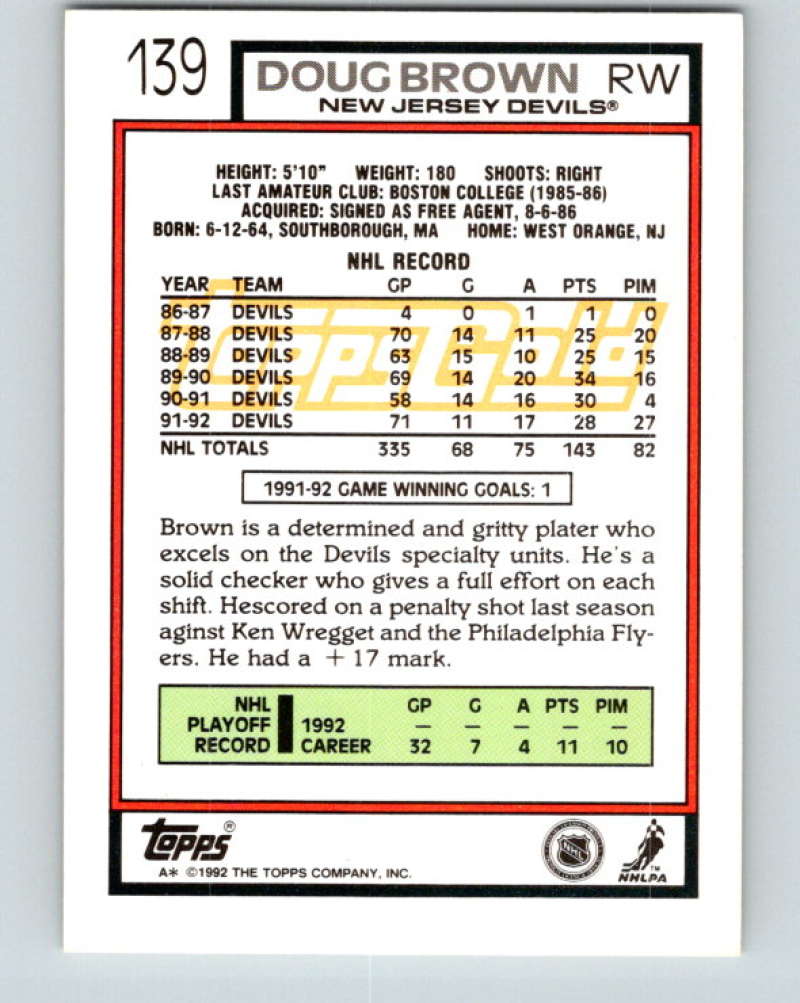 1992-93 Topps Gold #139G Doug Brown Mint New Jersey Devils Image 2